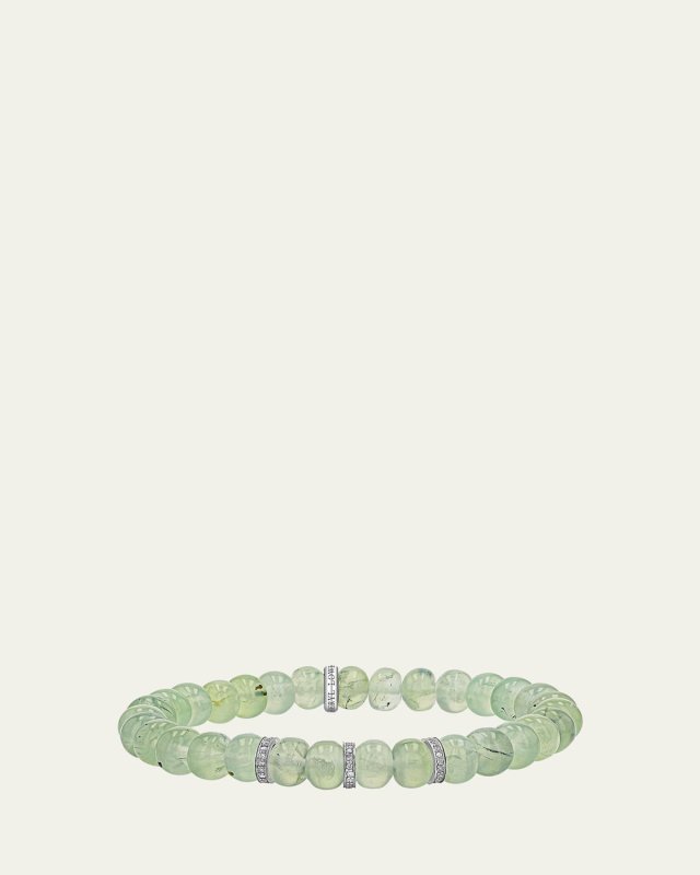 Prehnite 8mm Bead Bracelet with 3 Diamond Rondelles